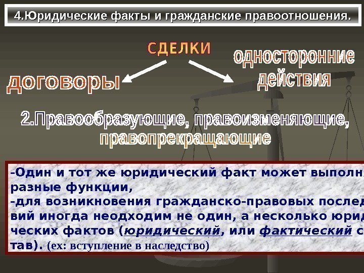 4. Юридические факты и гражданские правоотношения. -Один и тот же юридический факт может выполнять