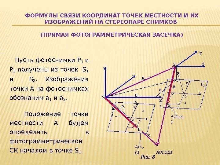 ФОРМУЛЫ СВЯЗИ КООРДИНАТ ТОЧЕК МЕСТНОСТИ И ИХ ИЗОБРАЖЕНИЙ НА СТЕРЕОПАРЕ СНИМКОВ (ПРЯМАЯ ФОТОГРАММЕТРИЧЕСКАЯ ЗАСЕЧКА)