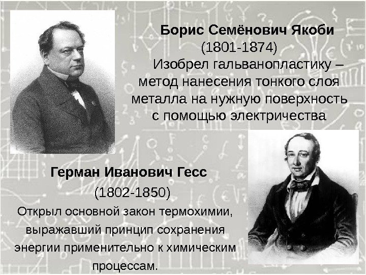  Борис Семёнович Якоби (1801 -1874) Изобрел гальванопластику – метод нанесения тонкого слоя металла