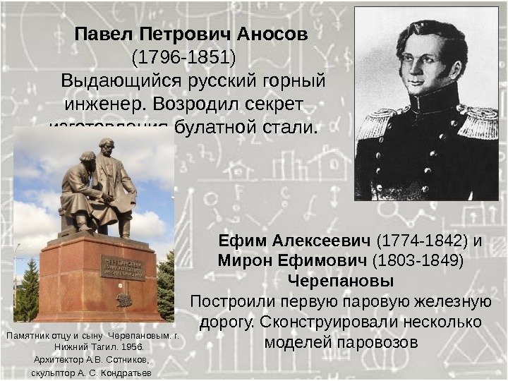   Павел Петрович Аносов (1796 -1851) Выдающийся русский горный инженер. Возродил секрет изготовления