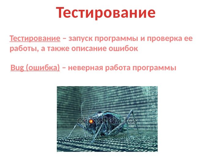 Тестирование – запуск программы и проверка ее работы, а также описание ошибок Bug (ошибка)