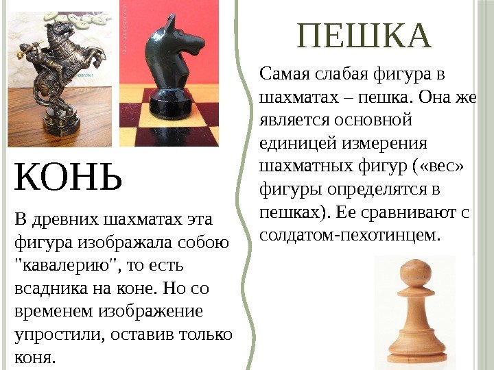 КОНЬ В древних шахматах эта фигура изображала собою кавалерию, то есть всадника на коне.