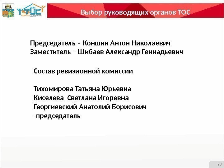 Выбор руководящих органов ТОС 29 Председатель – Коншин Антон Николаевич Заместитель – Шибаев Александр