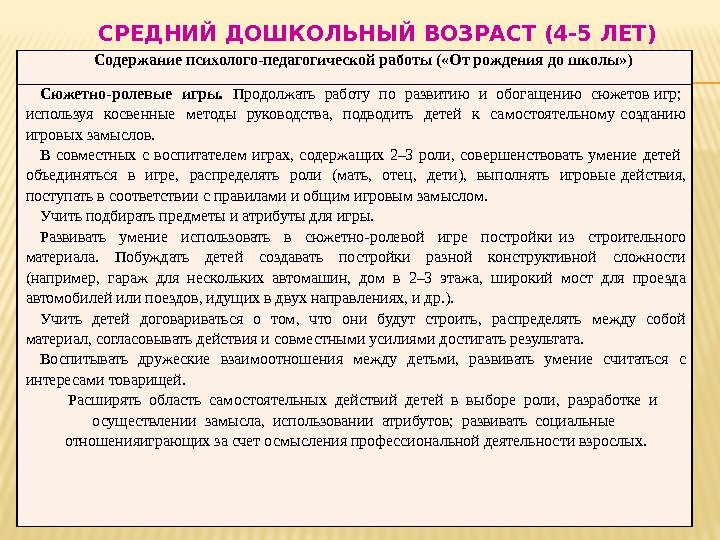 СРЕДНИЙ ДОШКОЛЬНЫЙ ВОЗРАСТ (4 -5 ЛЕТ) Содержание психолого-педагогической работы ( «От рождения до школы»