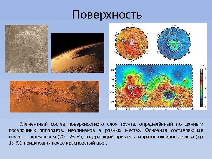 Поверхность Элементный состав поверхностного слоя грунта,  определённый по данным посадочных аппаратов,  неодинаков