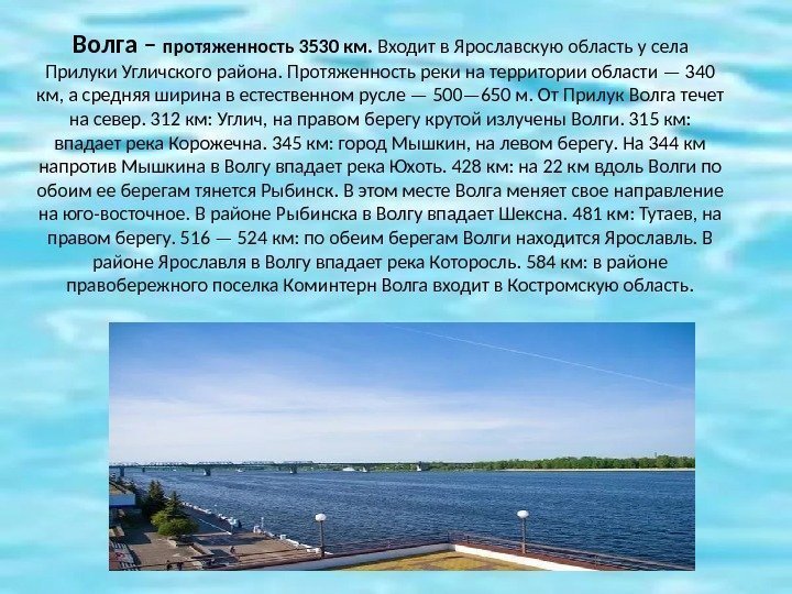 Волга – протяженность 3530 км.  Входит в Ярославскую область у села Прилуки Угличского