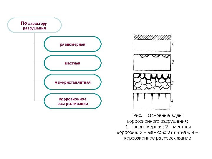 По характеру разрушения равномерная местная межкристаллитная Коррозионное растрескивание Рис. Основные виды коррозионного разрушения: 