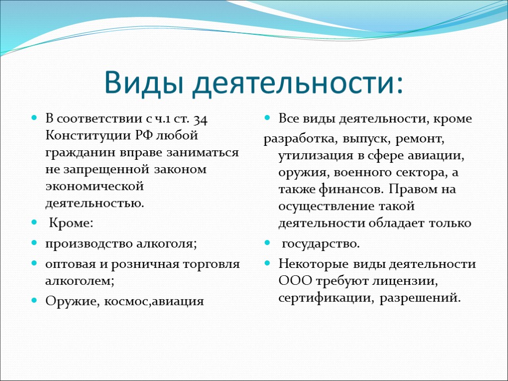 Правовая сторона. Предпринимательство виды из Конституции РФ. ИП вправе заниматься любыми видами деятельности кроме.