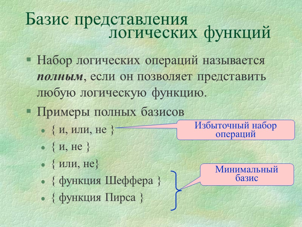 Базис это. Базисы логических функций. Базис булевых функций. Базис представления логических функций. Логический Базис примеры.