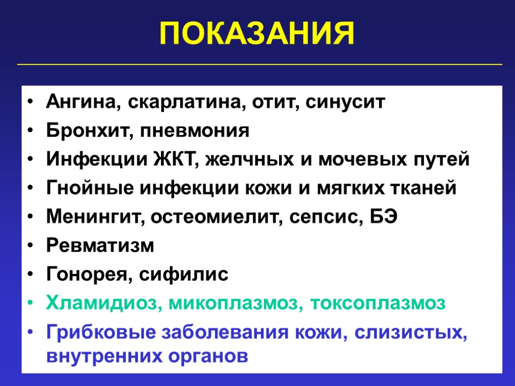 ПОКАЗАНИЯ Ангина, скарлатина, отит, синусит Бронхит, пневмония Инфекции ЖКТ, желчных и мочевых путей Гнойные