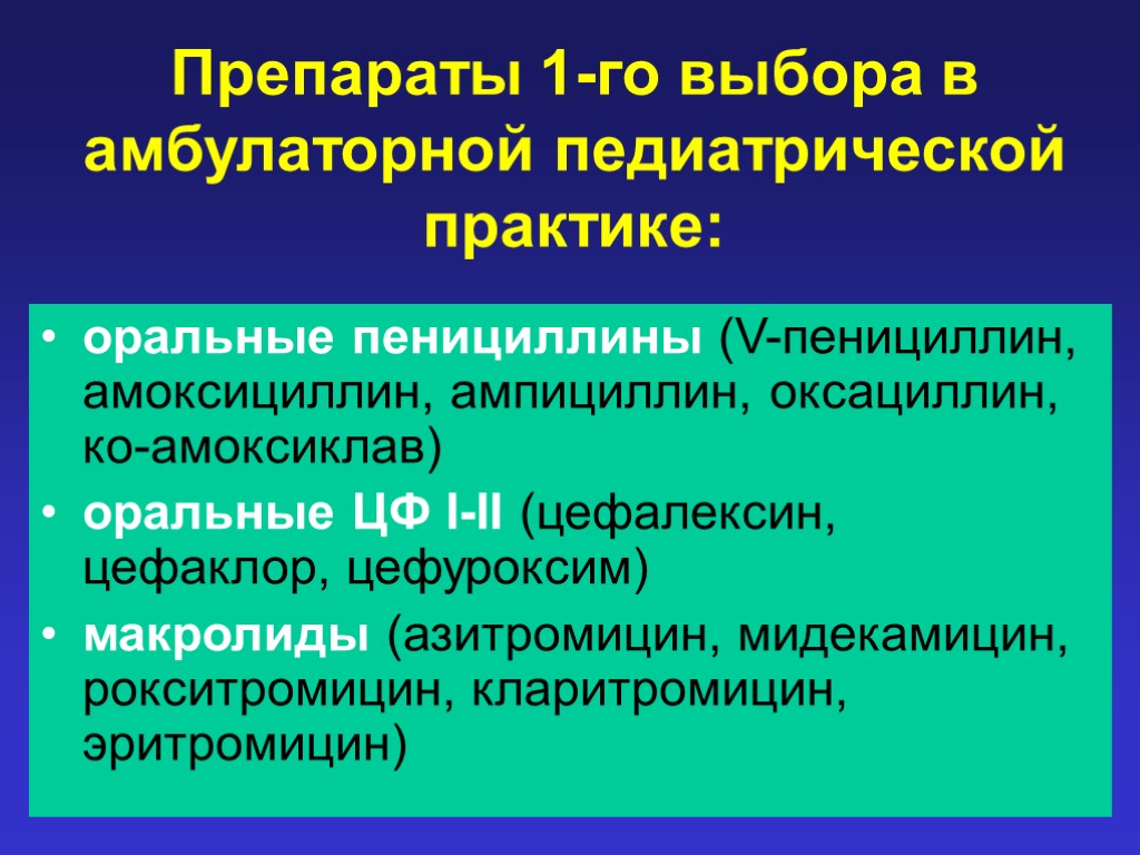 Препараты 1-го выбора в амбулаторной педиатрической практике: оральные пенициллины (V-пенициллин, амоксициллин, ампициллин, оксациллин, ко-амоксиклав)