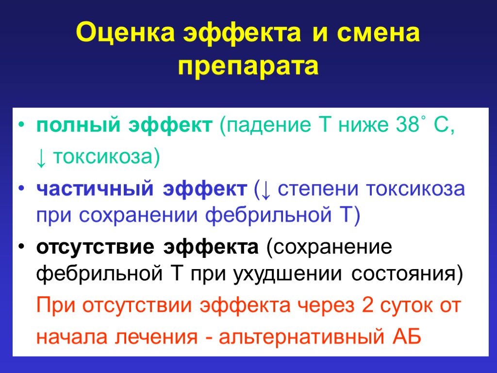 Оценка эффекта и смена препарата полный эффект (падение Т ниже 38˚ С, ↓ токсикоза)