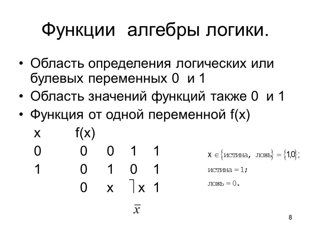 Логическая область. Функции алгебры логики булевы функции. . Элементарные функции алгебры логики одной переменной. Область определения и область значения булевой функции. Алгебра логики дискретная математика.