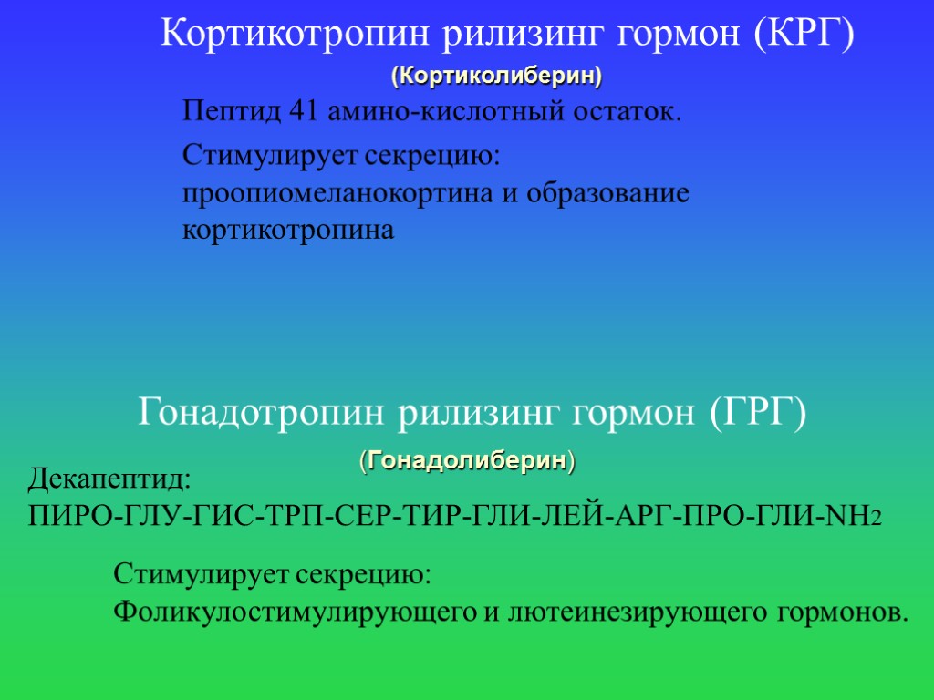 Гормоны белковой природы. Кортикотропин-лизин гормон. Кортикотропный рилизинг гормон. Кортикотропин-рилизинг гормон (КРГ). Гонадотропин рилизинг фактор.