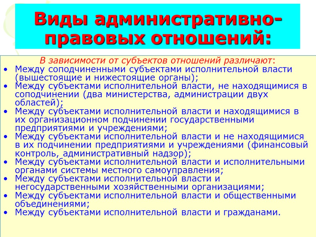 Взаимоотношения между органами власти. Виды административных правоотношений. Виды административно-правовых отношений. Виды адмиристративнправовых отношений. Виды админитративнопррвавых отношений.