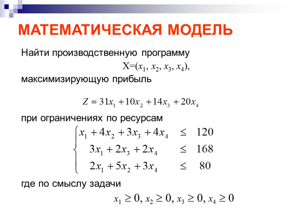 Пример математической модели. Математическая модель задачи линейного программирования. Математическая модель задачи математического программирования.. Построение математической модели задачи линейного программирования. Математическая модель решени.