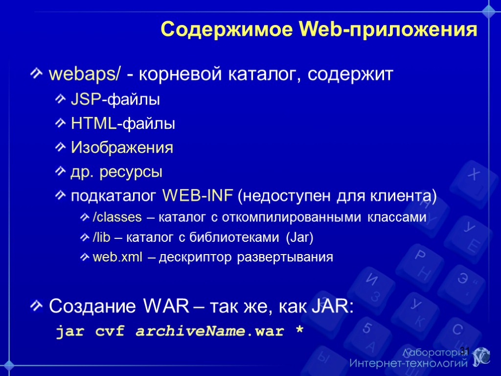 Веб содержимое. Содержание каталога. Программирование клиента. Команда для просмотра содержимого каталога — это:. Описание сервлета в дескрипторе приложения.