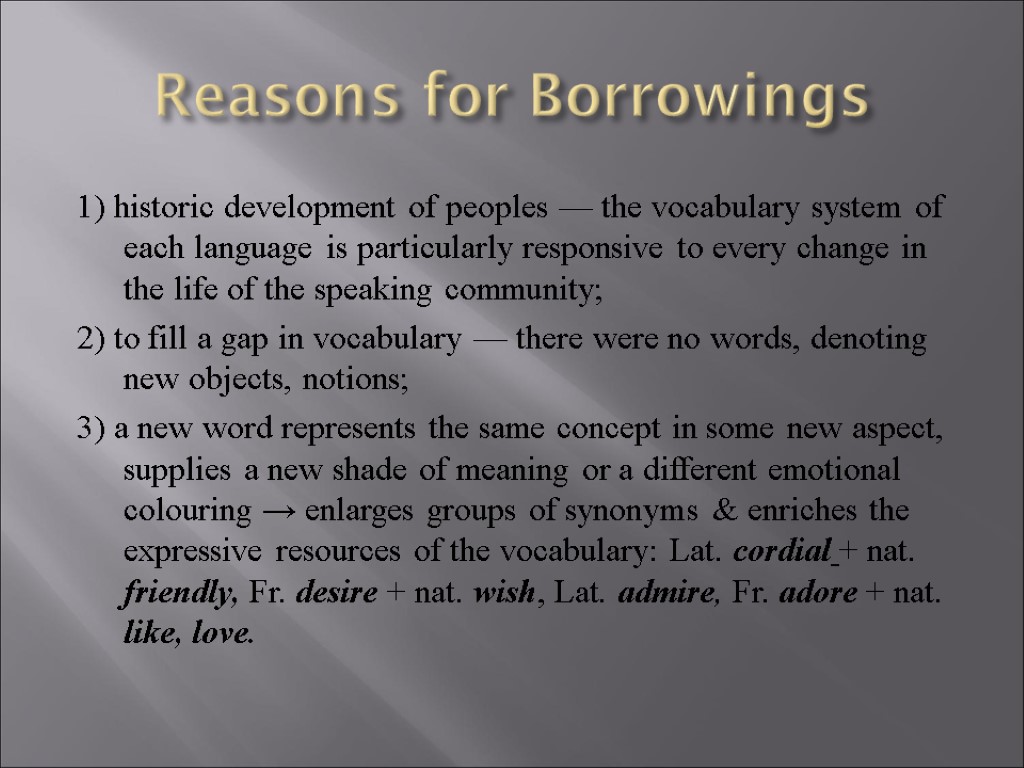 Means that the reason. Borrowing Lexicology. The reason for borrowing. Types of borrowings in English. Cultural borrowings in English.