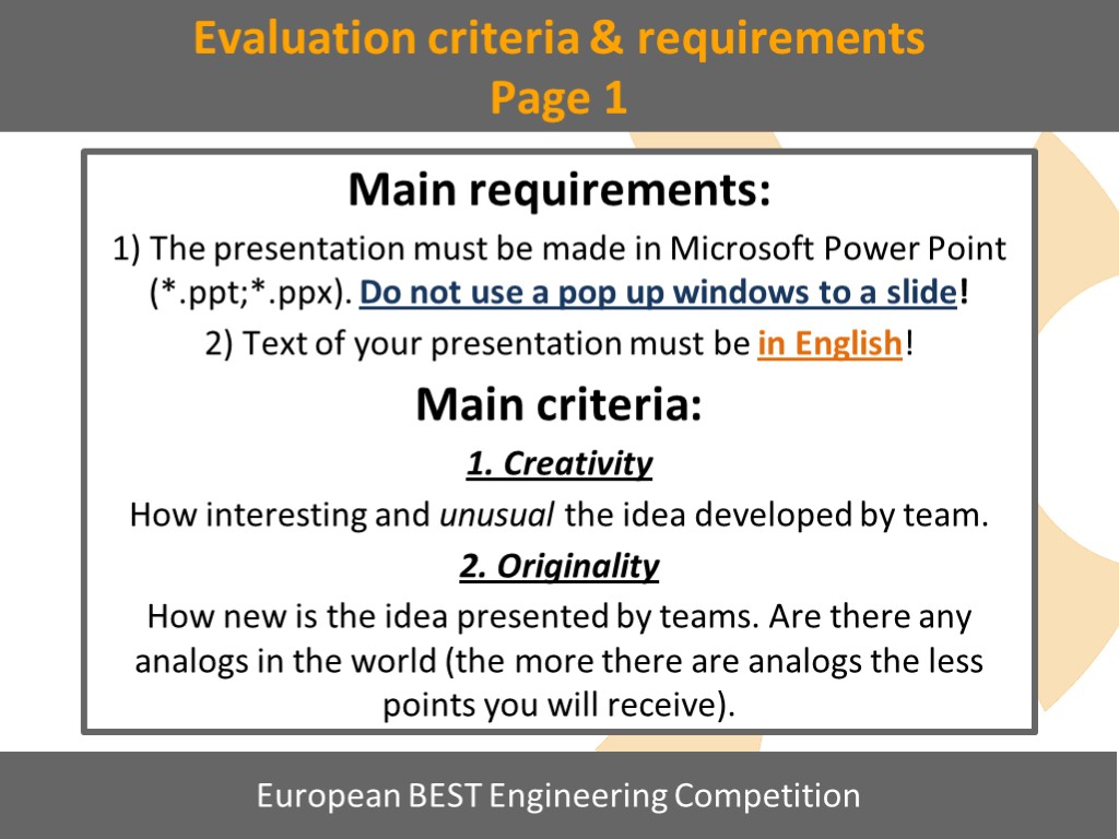 Main requirements. Evaluation Criteria for presentations. Requirements Criteria. Criteria of presentation.