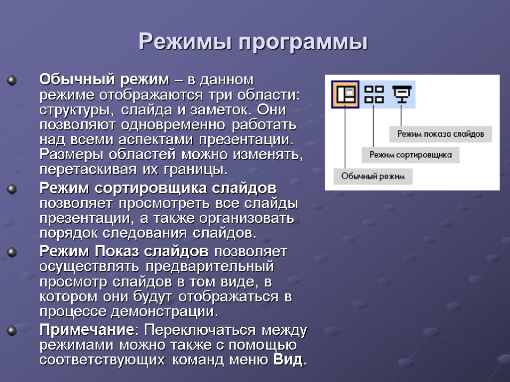 Перечислите режимы. Режим структуры слайдов. Отображаются три области структуры слайда и заметок. Обычный режим презентации. Режимы слайдов в презентации.