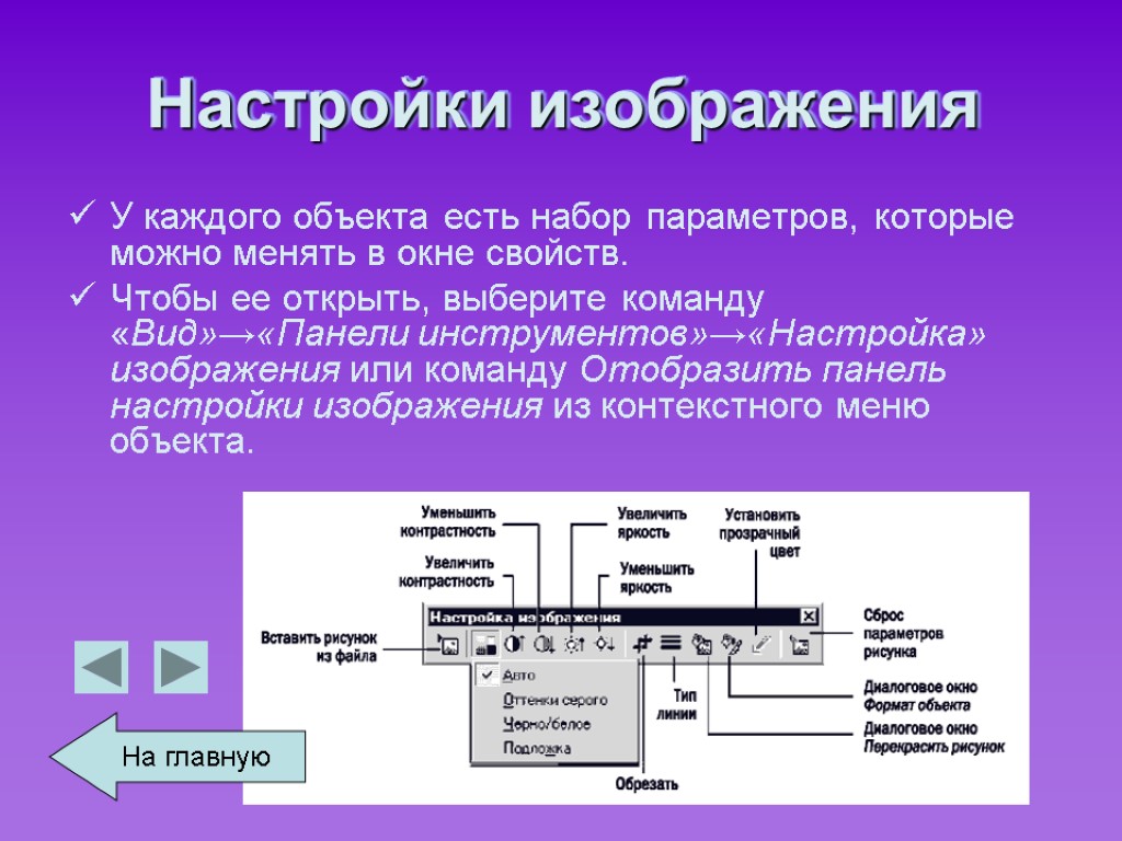 Панель настроек изображения можно вызвать командой