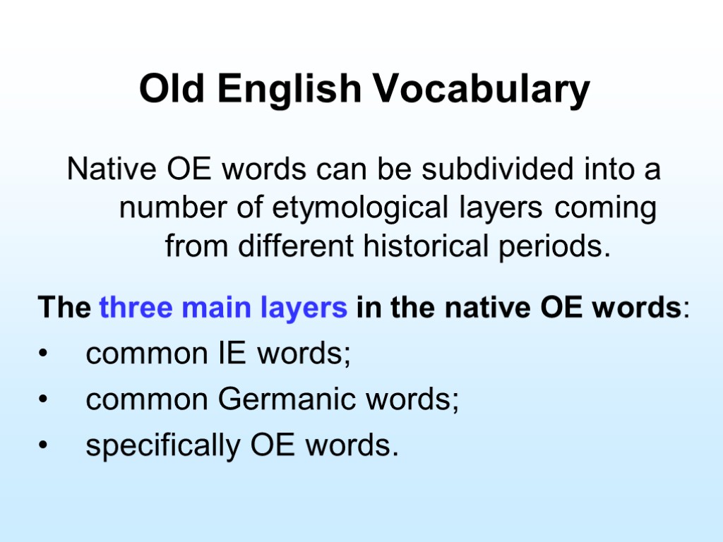 Word could. Old English Vocabulary. Native Words in the English Vocabulary. Common Germanic Words in old English. Three layers of the old English Vocabulary..