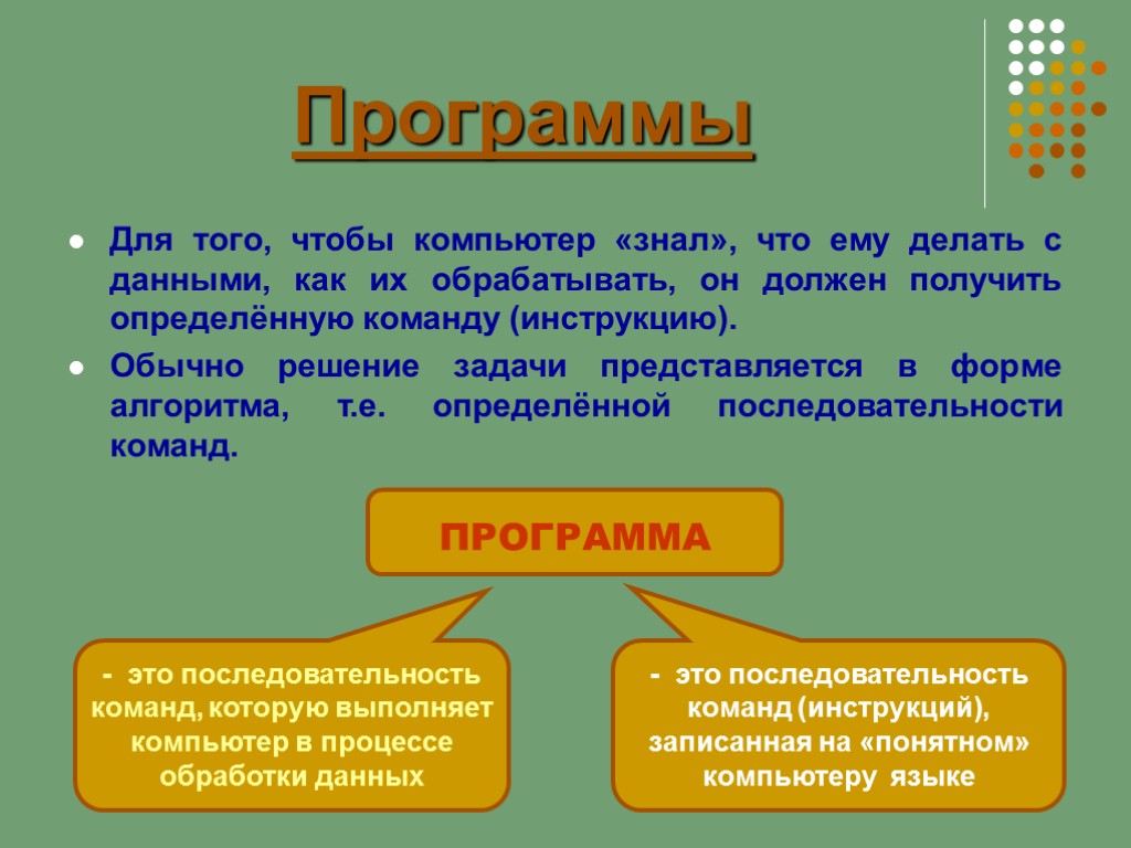 Программы Для того, чтобы компьютер «знал», что ему делать с данными, как их обрабатывать,