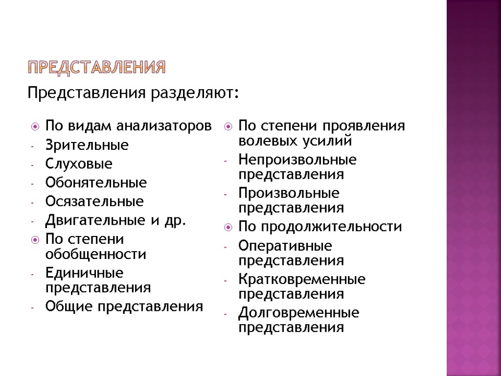 Типы представления. Виды представлений. Представление психический процесс. Виды представлений по видам анализаторов. Представления по степени обобщенности.