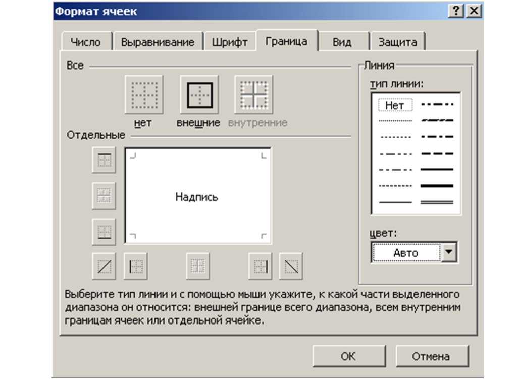 Границы ячеек. Диалоговое окно Формат ячеек. Формат ячеек граница. Программа чертить таблицы.