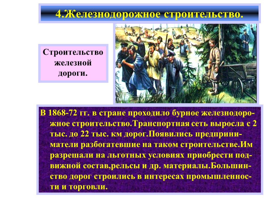 После отмены д. Железнодорожное строительство 1870. Активное железнодорожное строительство.