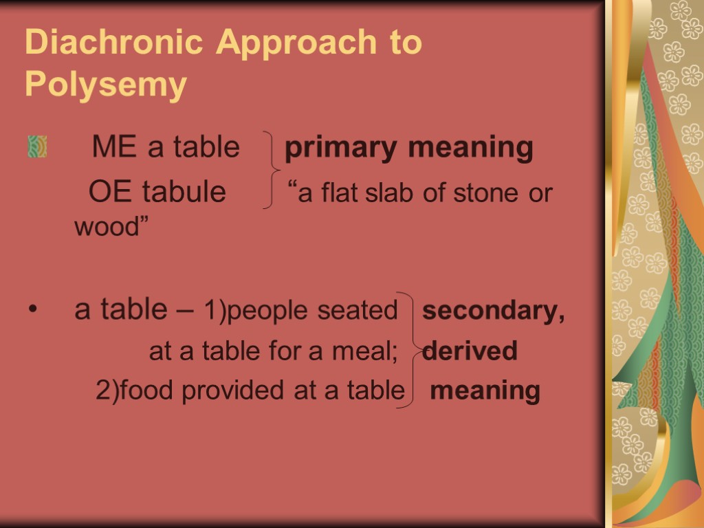 Approaches to the word meaning. Diachronic Polysemy. Diachronic approach. Diachronic approach to Polysemy. Synchronic and Diachronic approaches.