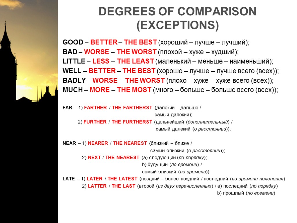 Use degrees of comparison. Degrees of Comparison of adjectives исключения. Degrees of Comparison исключения. Comparison of adjectives исключения. Comparatives and Superlatives исключения.