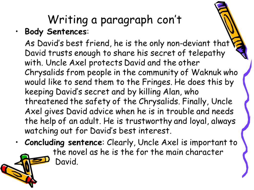 Writing a paragraph con’t Body Sentences: As David’s best friend, he is the...