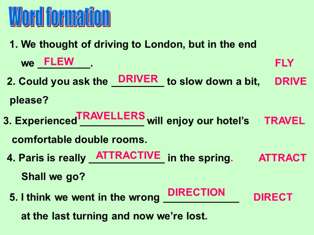 We thought of Driving to Berlin but in the end we Fly. Drive Phrasal verbs. Vocabulary Unit 9 coming and going. We Flew to London on Monday.