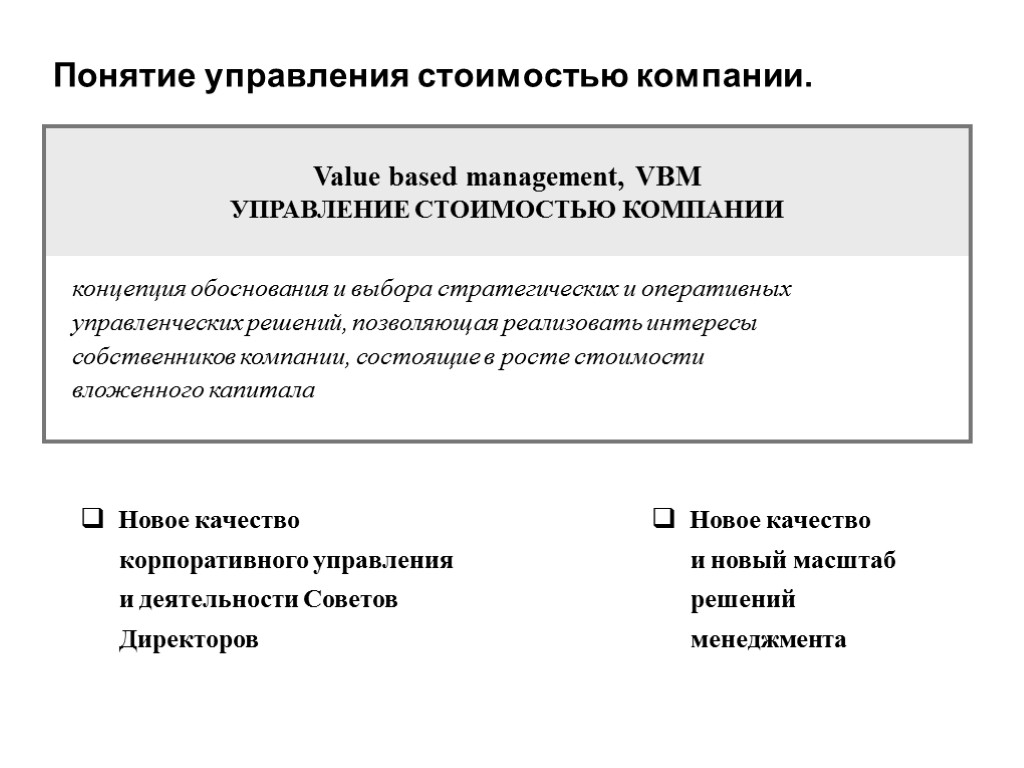 Составляющие стоимости организации. Концепция управления стоимостью компании VBM. Концепция управления стоимостью value based Management, VBM предполагает. Концепция управления стоимостью корпорации (value based Management).. Методы управления стоимостью предприятия.