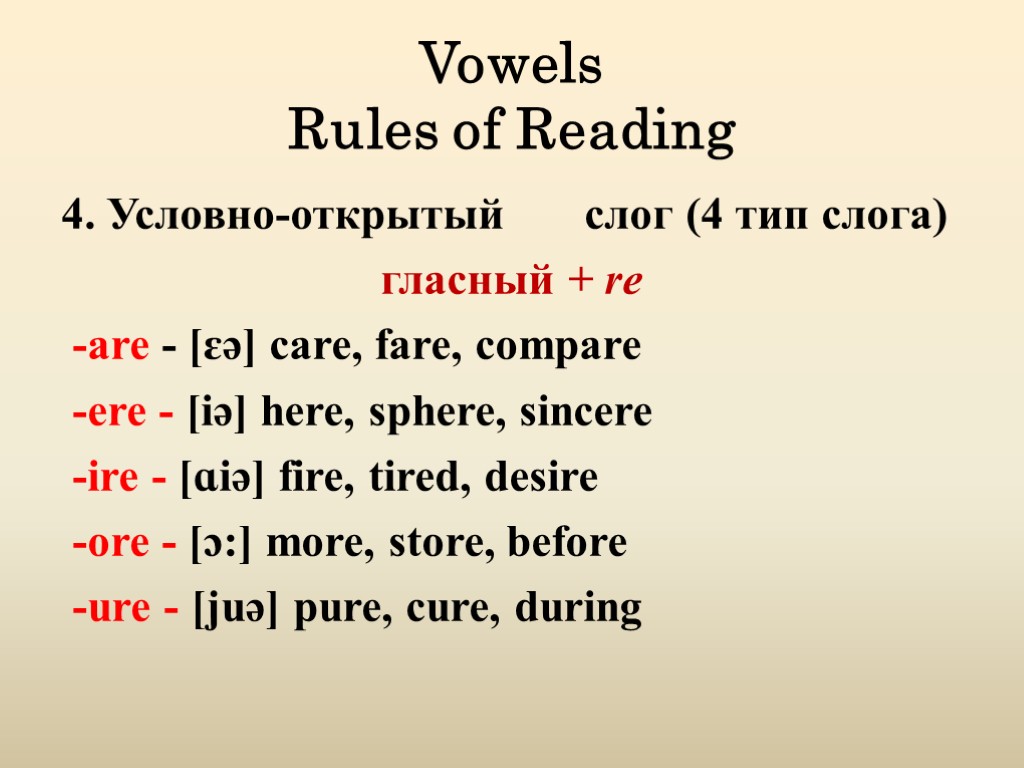 4 слога в английском. Чтение 4 типа слога в английском языке. Чтение гласных в английском языке. Условно открытый слог в английском. Чтение гласных букв в четвёртом типе слога.