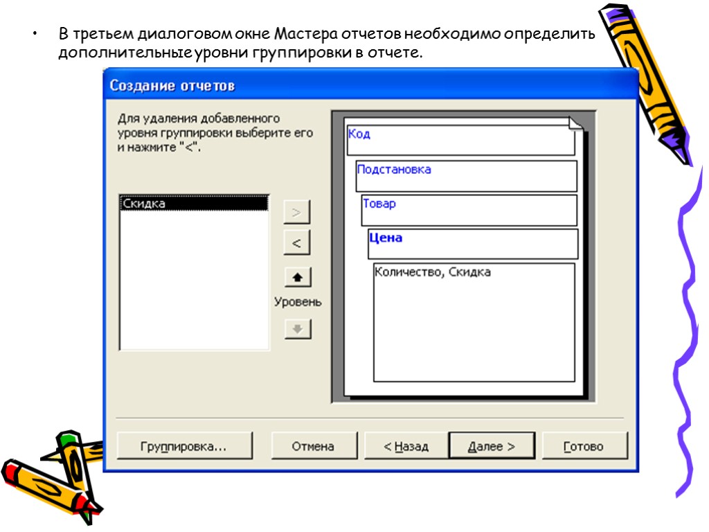 Определи мастера. Отчет с группировкой в access. Уровни группировки access. Аксесс группировка в отчете. Диалоговое окно в access.