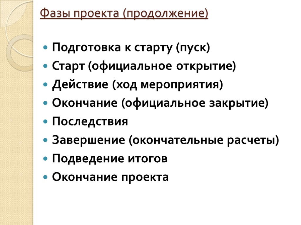 Ход мер. Фазы проекта. Завершение мероприятия. Продолжение проекта. Мероприятия завершения проекта.