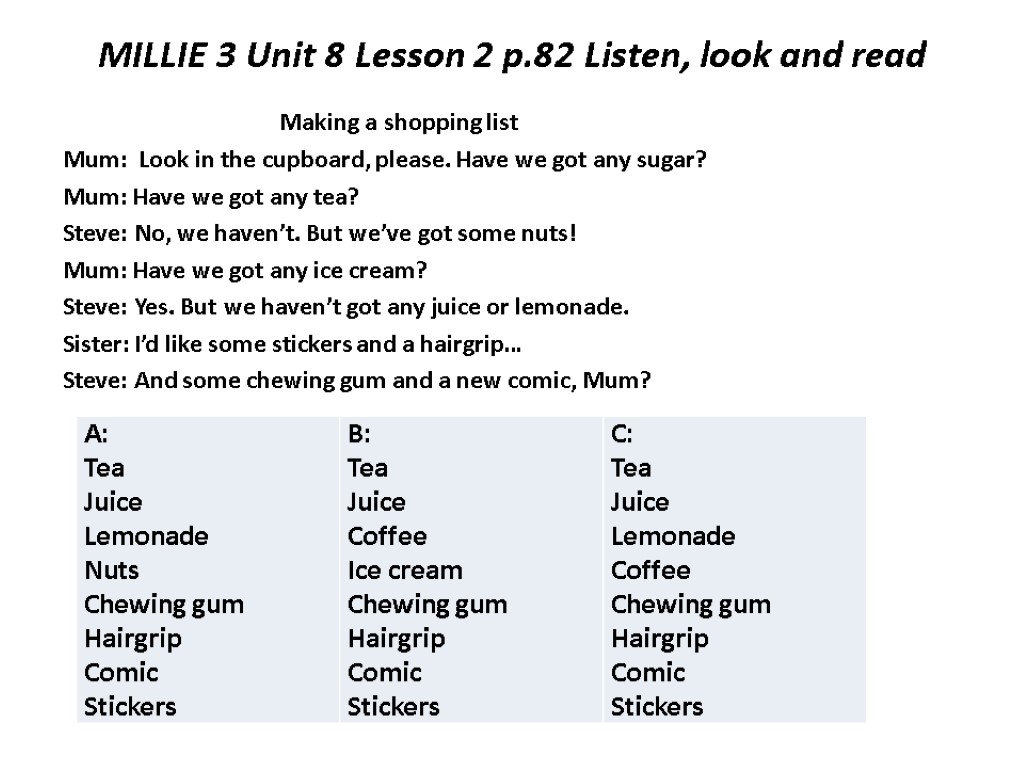 Focus 3 Unit 8 Lesson 2. Look listen сигнальные слова. Have we got any Sugar?. Look listen.