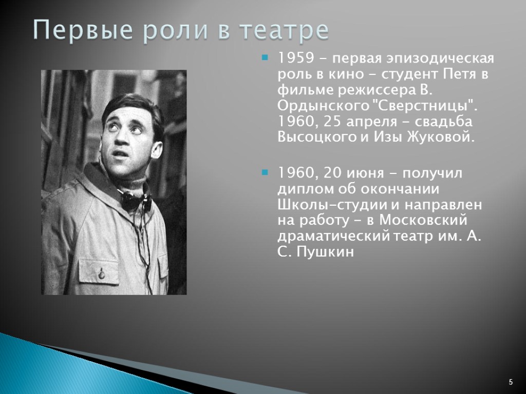 Первая роль. Эпизодическая роль. Студент Петя 1959. Высоцкий 1959 театр. Поэт Гришин Владимир Семенович фото.