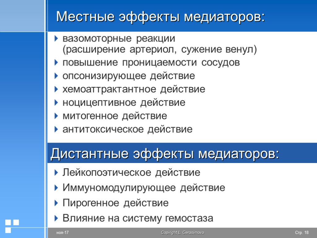 >Местные эффекты медиаторов: вазомоторные реакции (расширение артериол, сужение венул) повышение проницаемости сосудов опсонизирующее действие