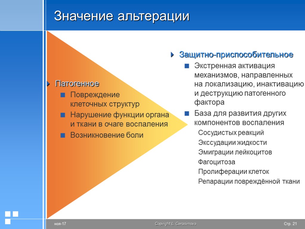 >Значение альтерации Патогенное Повреждение клеточных структур Нарушение функции органа и ткани в очаге воспаления