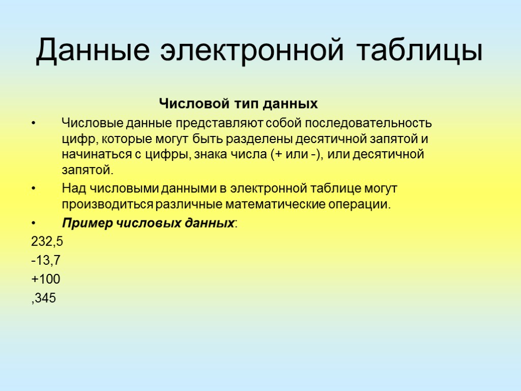 Данные представляют собой. Данные в электронных таблицах это. Данные в электронной таблице могут быть. Числовые данные. Данные в электронной таблице не могут быть:.