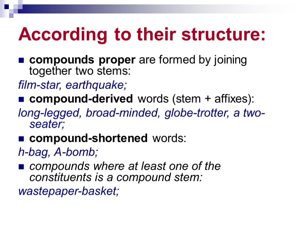 Derived words. Classification of Compound Words. Structural Type of Compounds. Compound proper. Compound derivative.