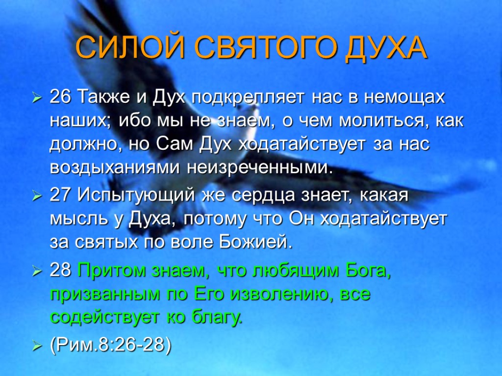 Дух знает. Сила духа Святого. Также и дух подкрепляет нас в немощах. Сам дух ходатайствует за нас воздыханиями неизреченными. Сила духа Святого в Библии.