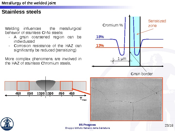 Metallurgy of the welded joint IIS Progress Gruppo Istituto Italiano della Saldatura 23 /18 Stainless steels