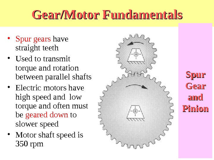 Gear/Motor Fundamentals • Spur gears have straight teeth • Used to transmit torque and rotation between