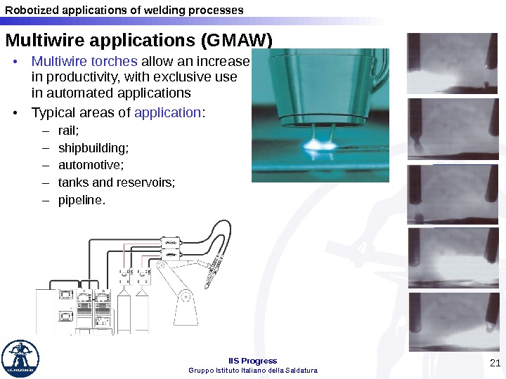 Robotized applications of welding processes IIS Progress Gruppo Istituto Italiano della Saldatura 21 Multiwire applications (GMAW)