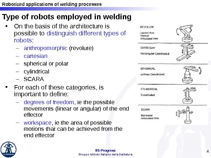Robotized applications of welding processes IIS Progress Gruppo Istituto Italiano della Saldatura 4 Type of robots