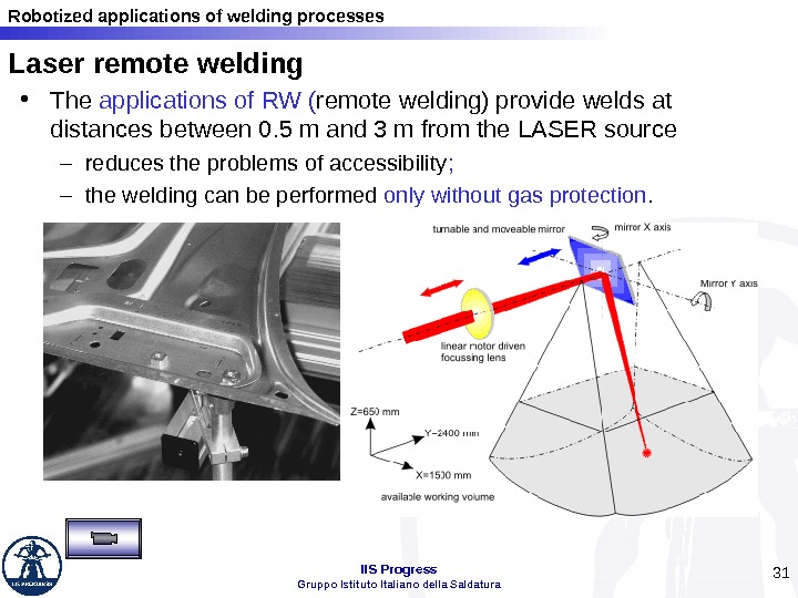 Robotized applications of welding processes IIS Progress Gruppo Istituto Italiano della Saldatura 31 Laser remote welding